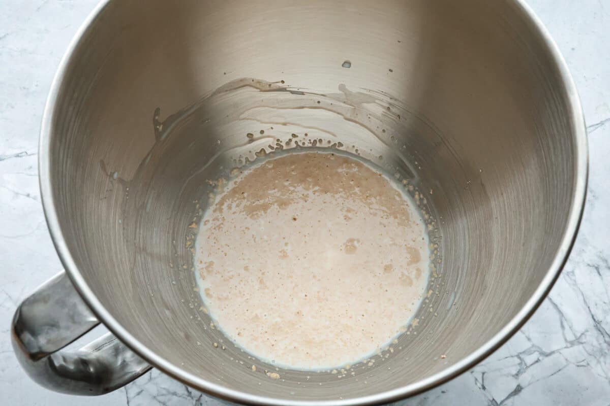 Overhead shot of water, milk, sugar and yeast in a stand mixer bowl. 