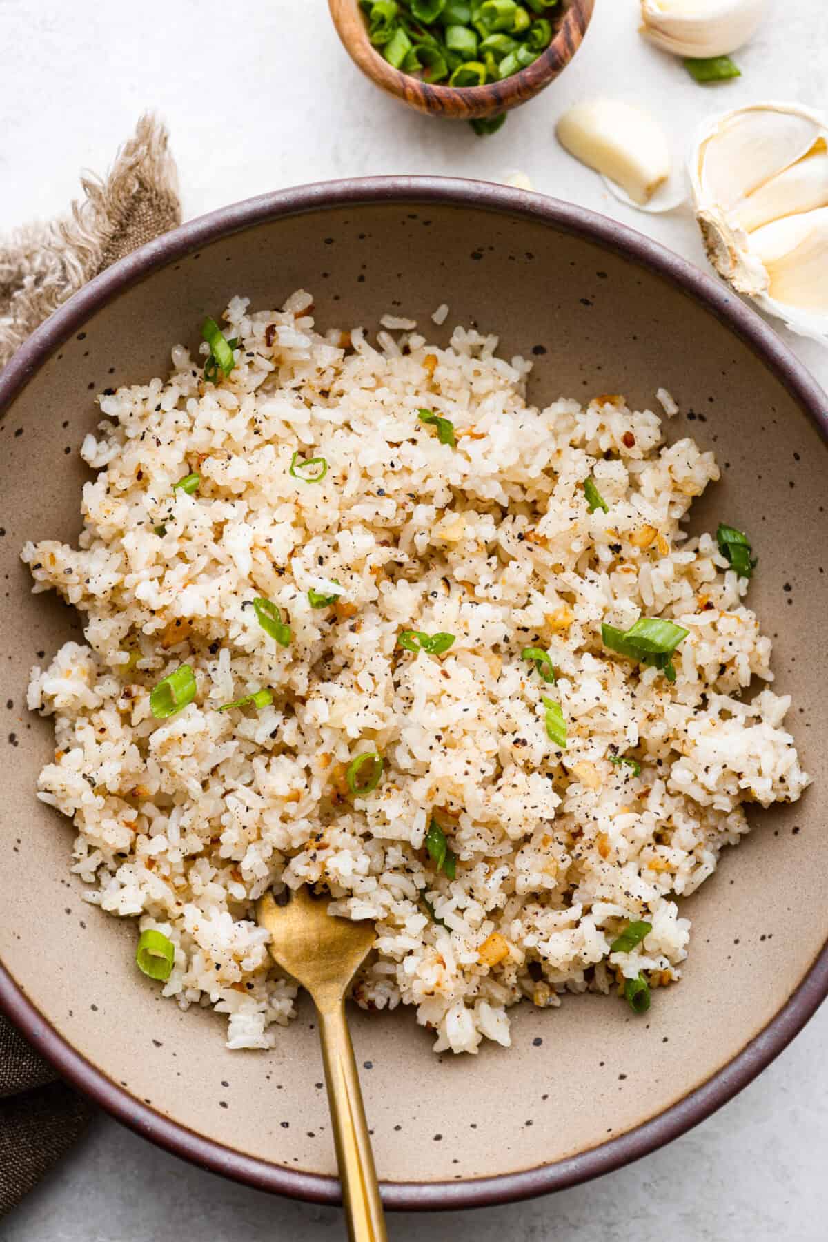 Overhead shot of plated garlic fried rice.