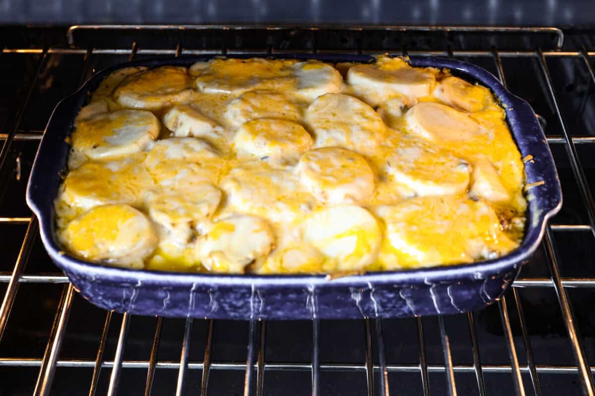 Angle shot of casserole being baked in the oven. 