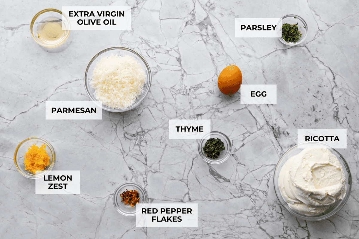 Overhead shot of labeled ingredients. 