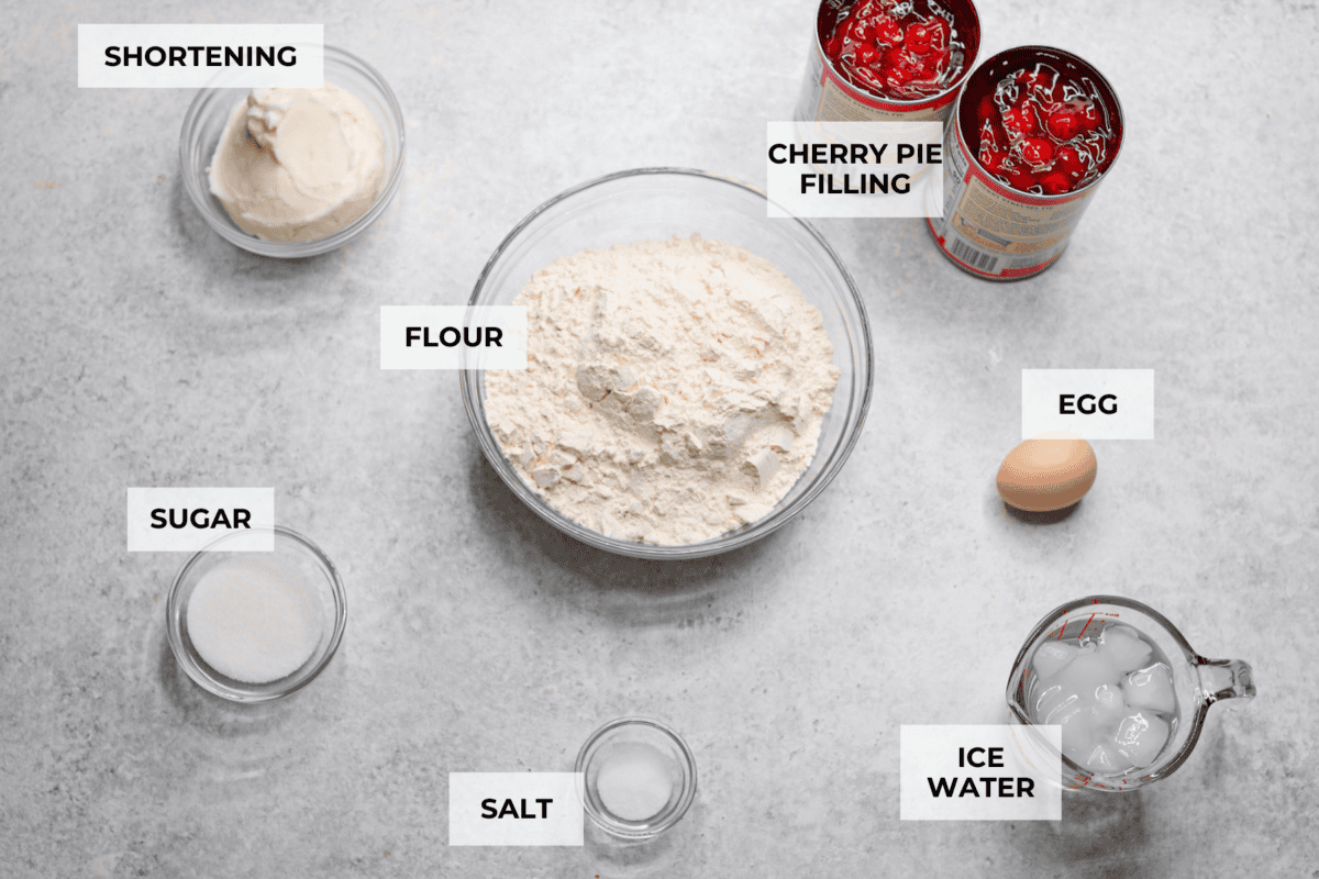 Overhead shot of labeled ingredients. 