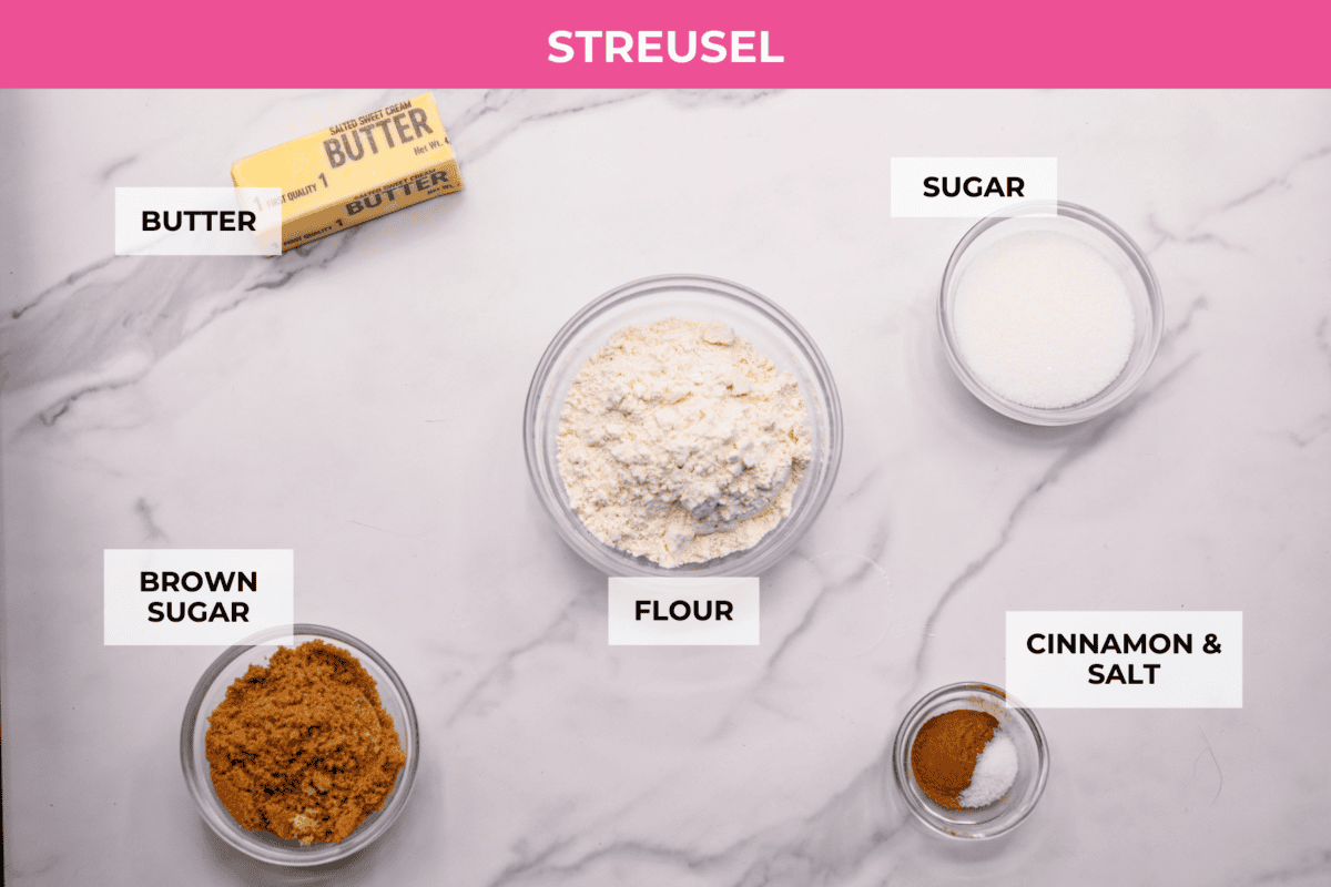 Overhead shot of labeled streusel ingredients. 