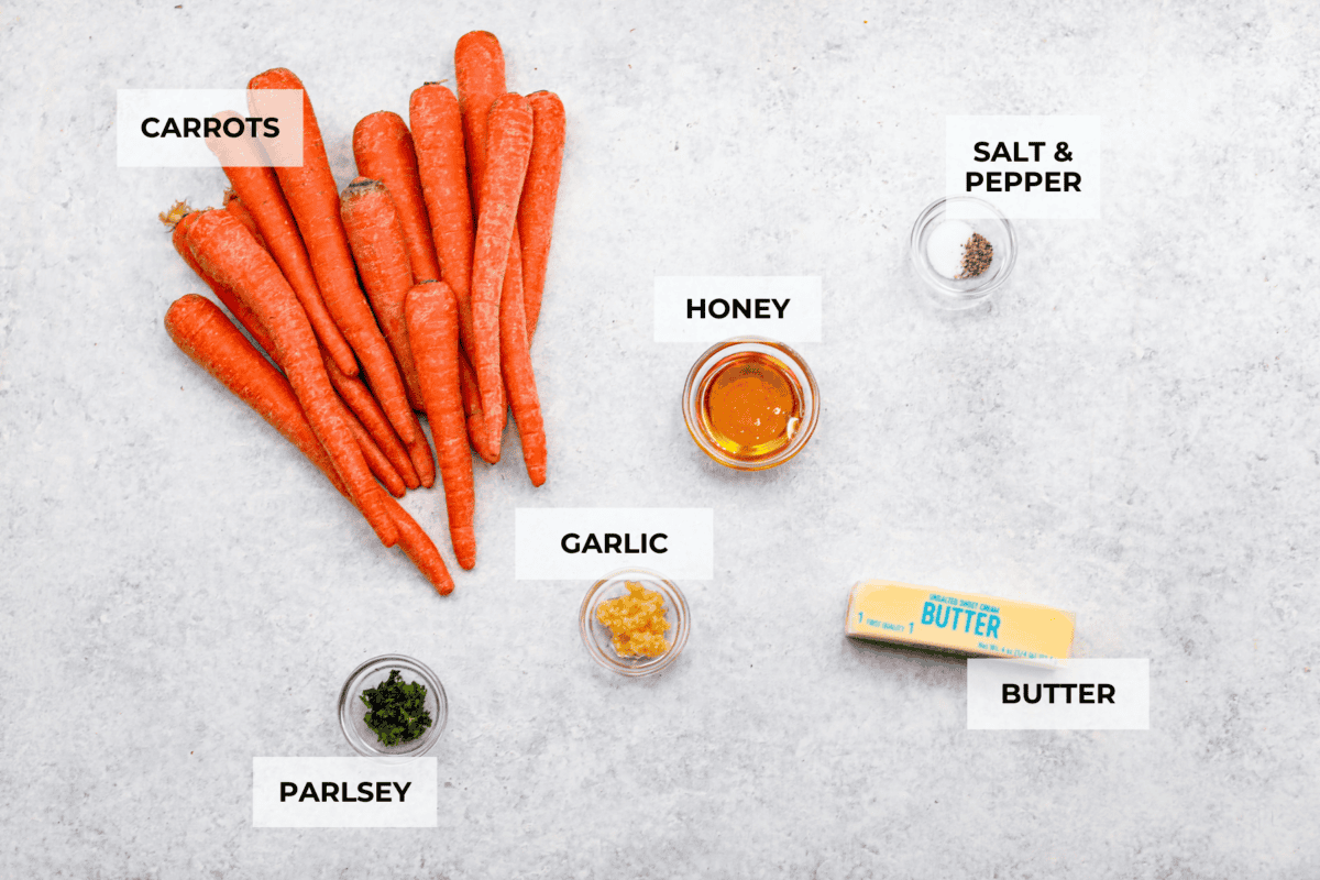 Overhead shot of labeled ingredients. 