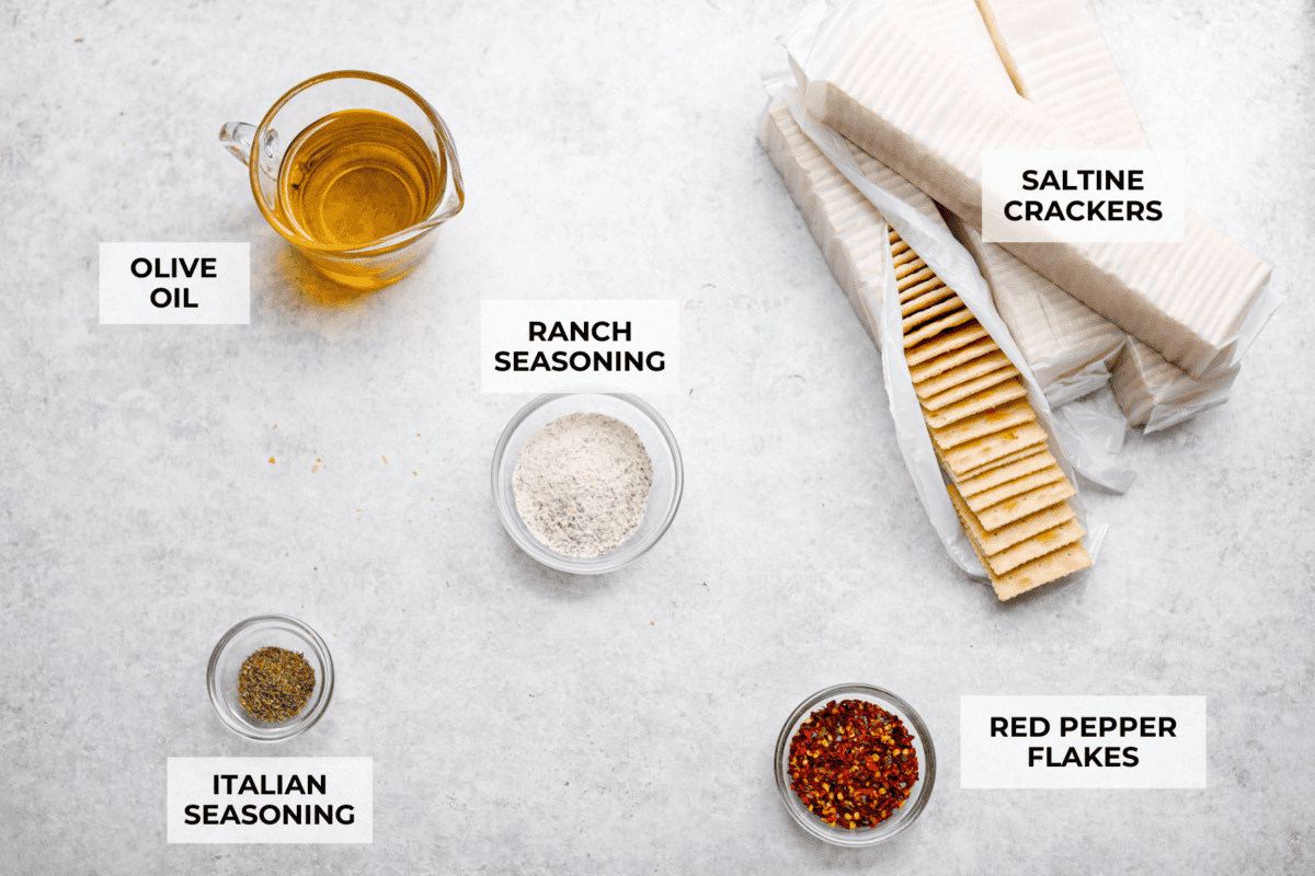 Overhead shot of labeled ingredients. 