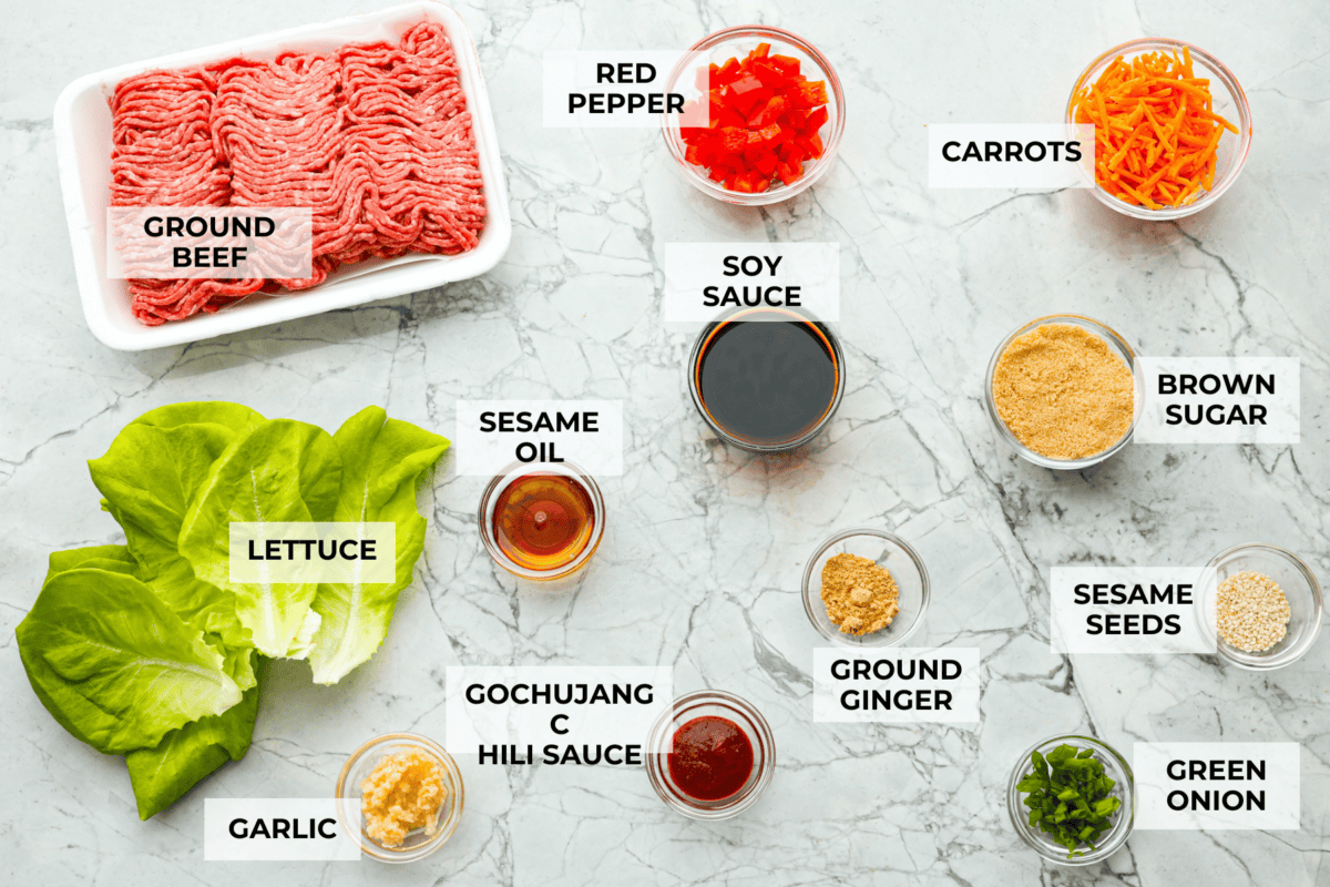 Overhead shot of labeled ingredients. 