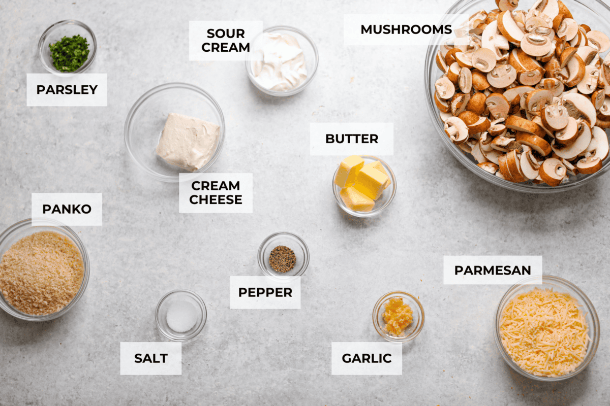 Ingredients labeled to make mushroom casserole.