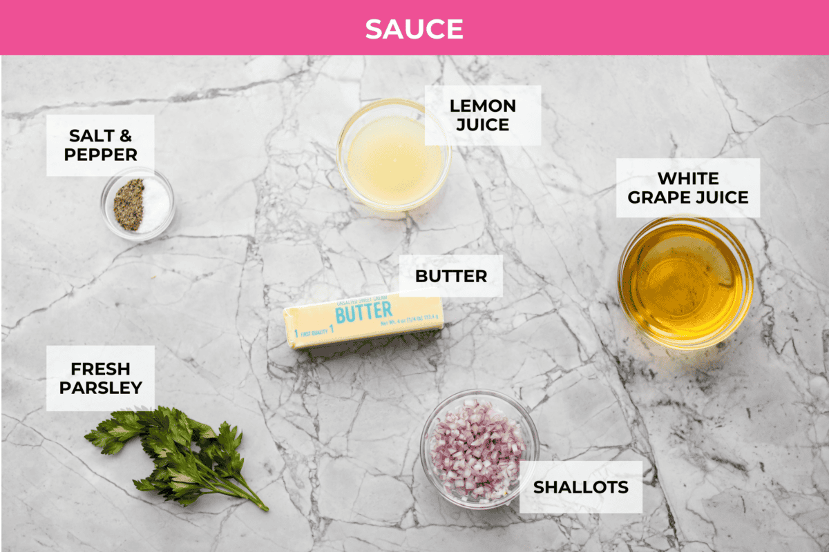 Overhead shot of labeled sauce ingredients. 