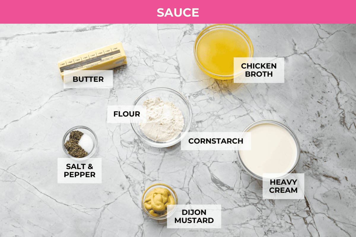 Overhead shot of labeled sauce ingredients. 