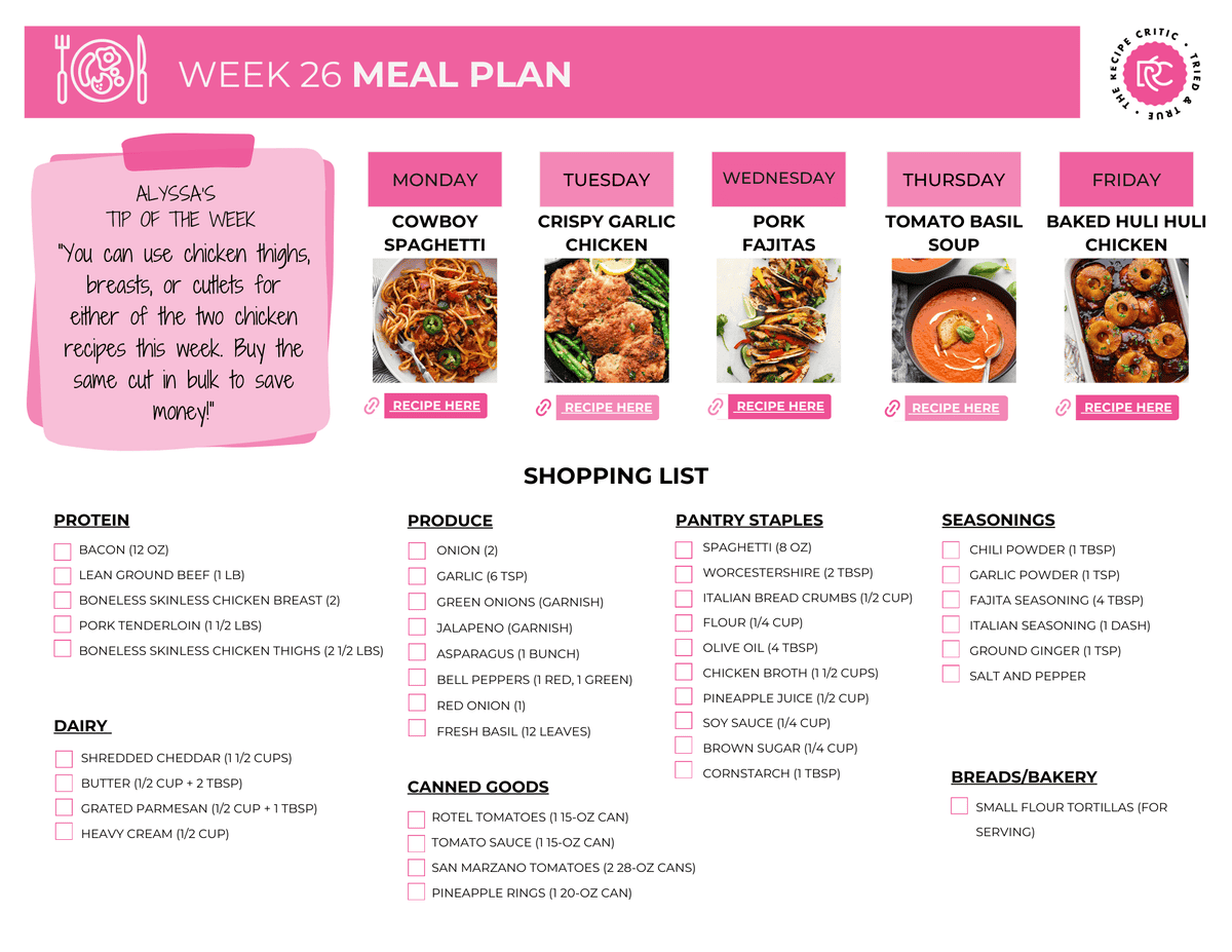 A pdf of a printable meal plan with shopping list. 