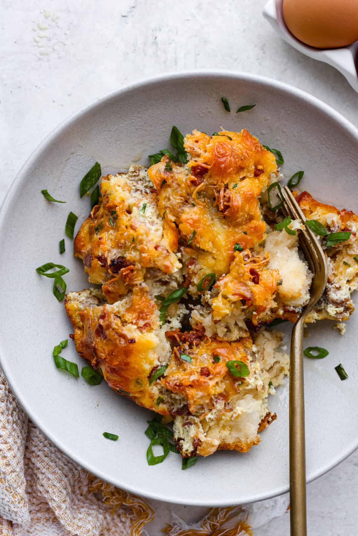 Overhead shot of plated bubble up breakfast casserole.