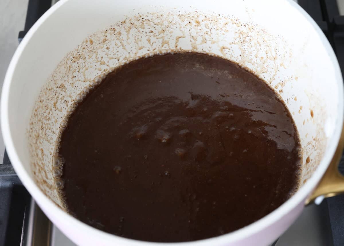 Overhead shot of butter mixture melted in a saucepan. 