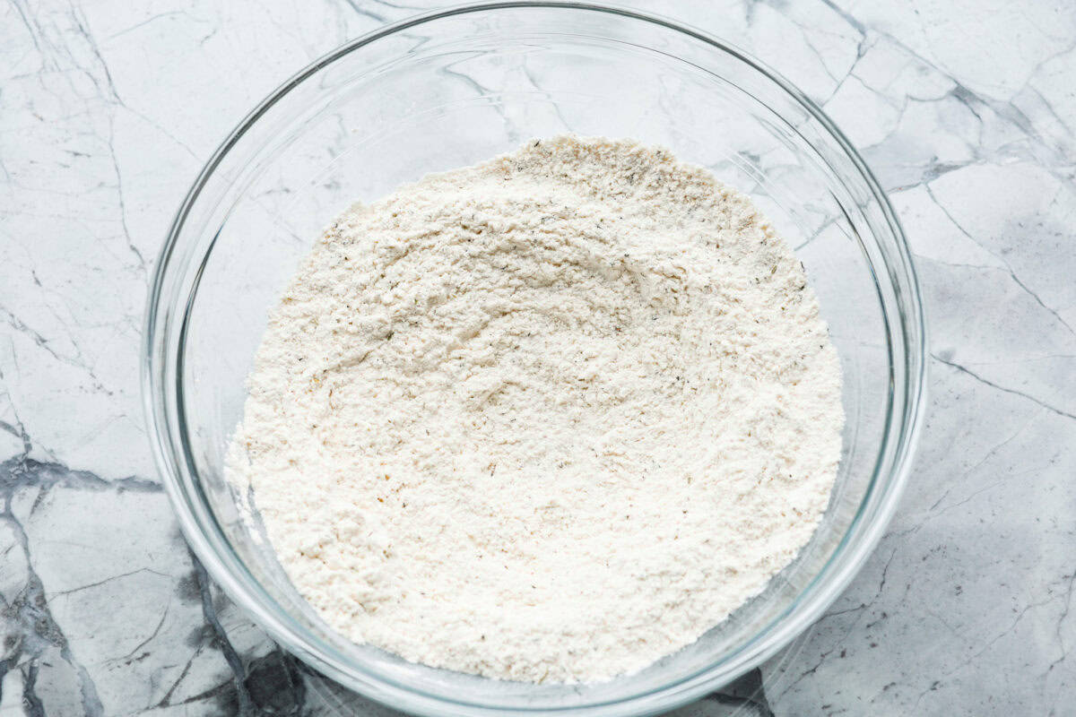 Overhead shot of dry ingredients in a bowl. 