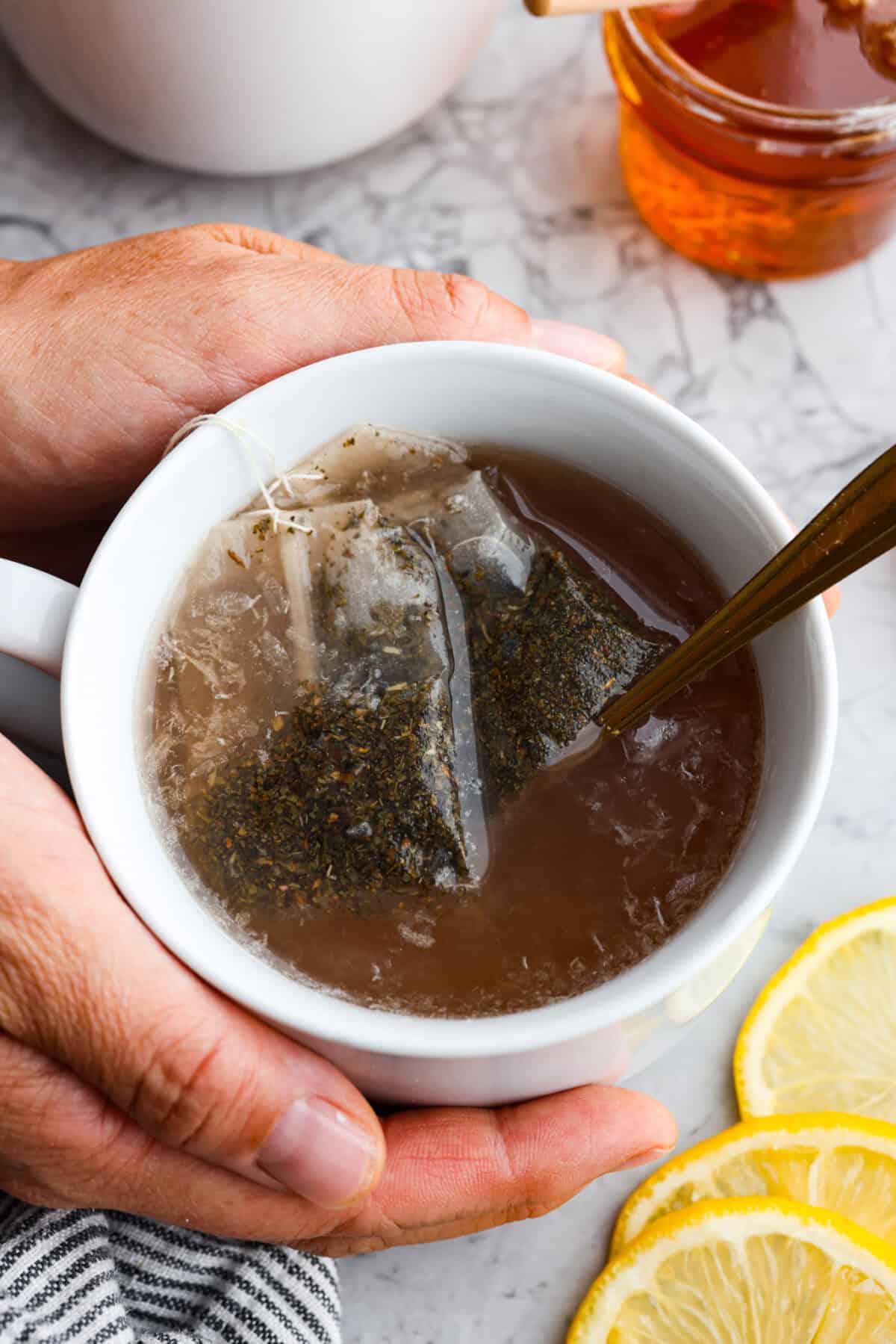 Close up shot of a mug of copycat Starbucks medicine ball in a mug. 