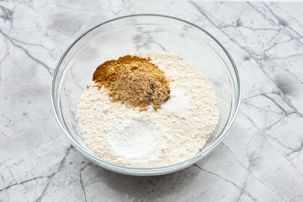 Overhead shot of a bowl of dry ingredients. 