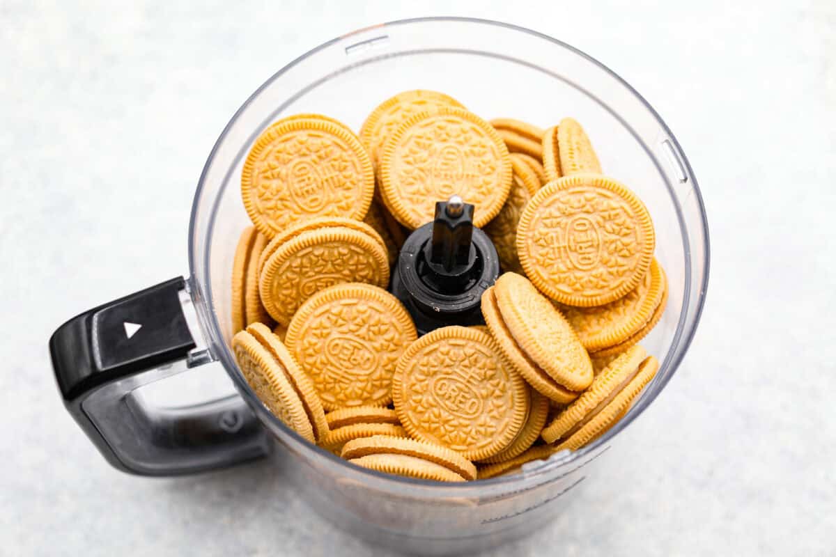 Overhead shot of Oreos in a food processor. 