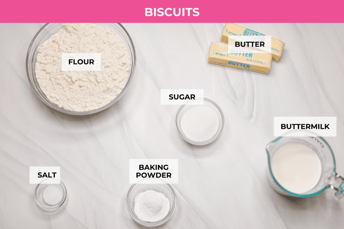 Overhead shot of labeled biscuit ingredients. 