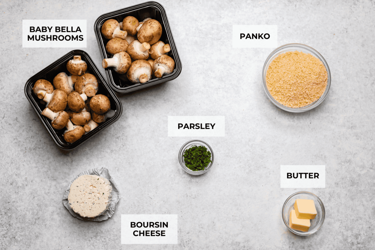 Overhead shot of labeled ingredients. 