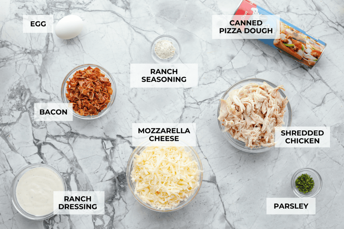 Overhead shot of labeled ingredients. 