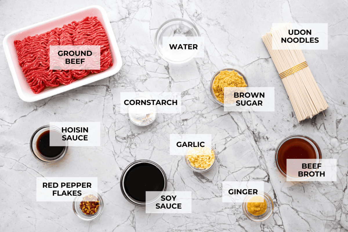 Overhead shot of labeled ingredients. 