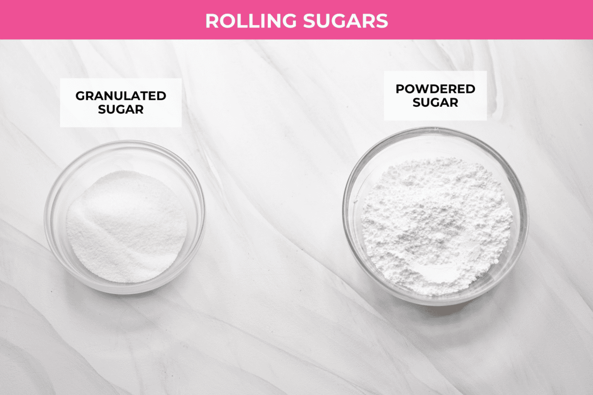 Overhead shot of labeled rolling sugars ingredients. 