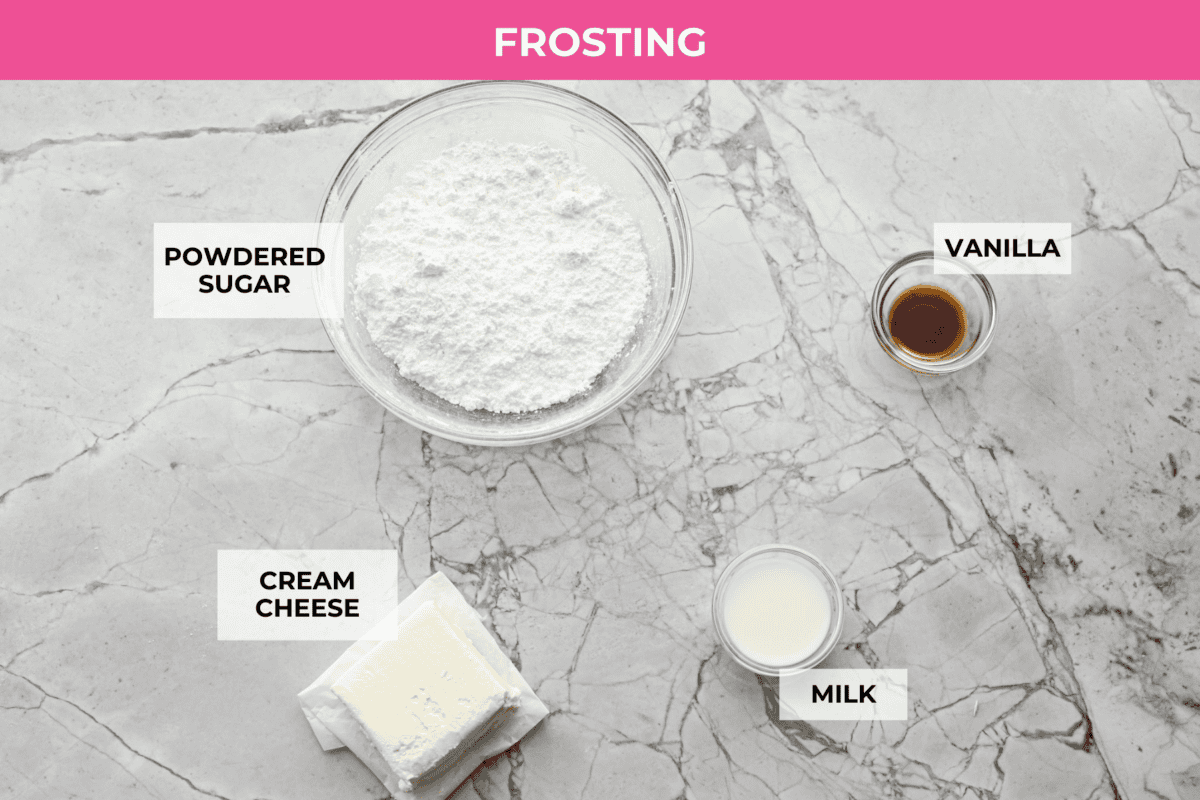 Overhead shot of labeled frosting ingredients. 