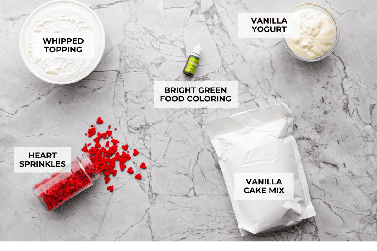 Overhead shot of labeled ingredients.