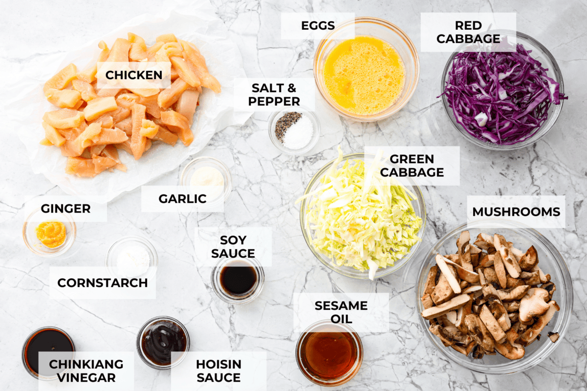 Overhead shot of labeled ingredients. 