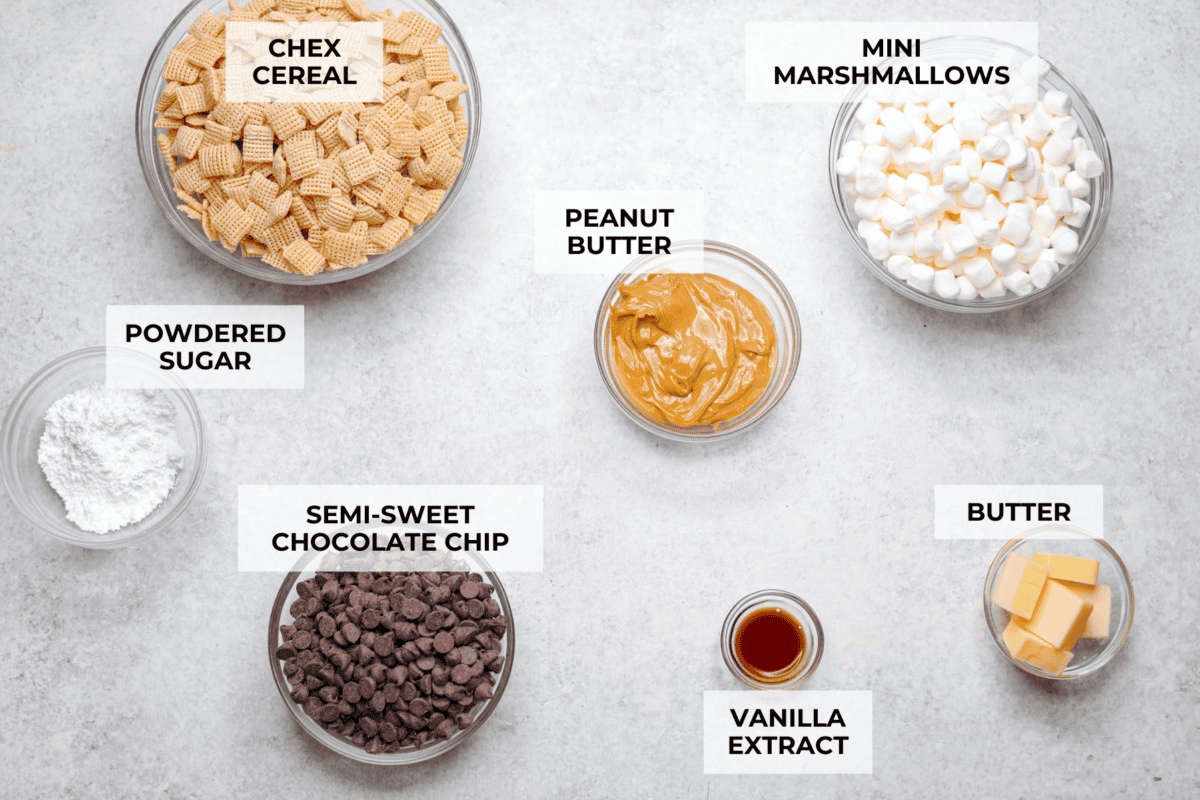 Overhead shot of labeled ingredients. 