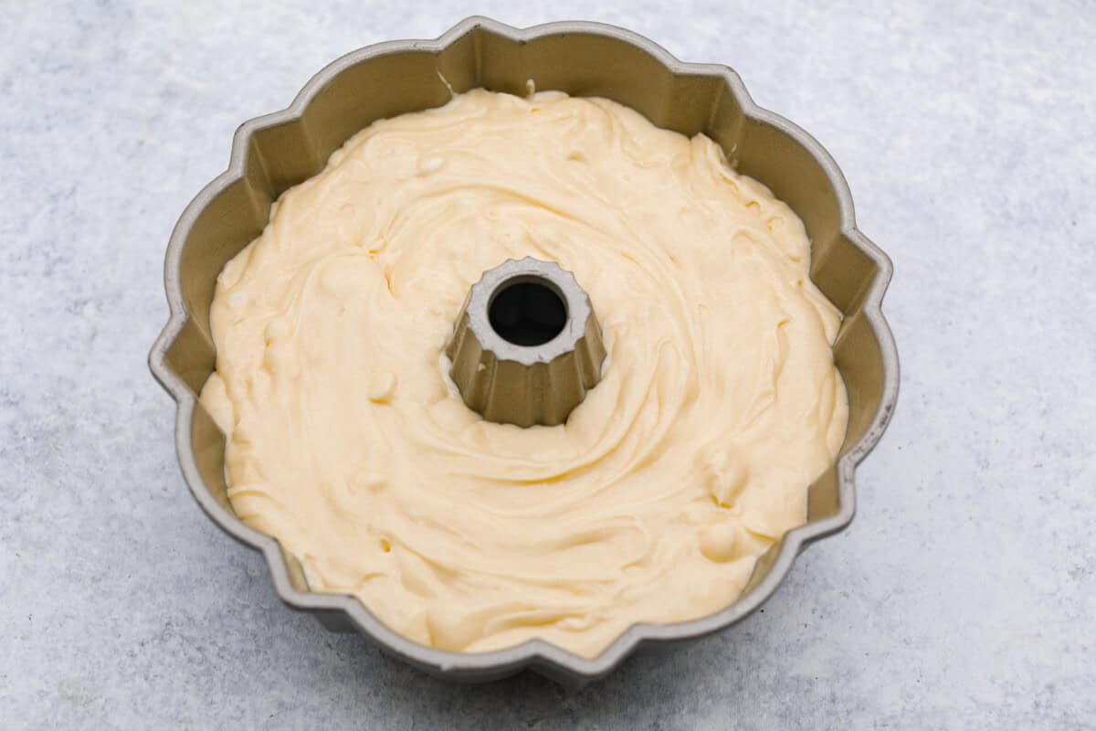 Overhead shot of the cake batter in the bundt cake. 