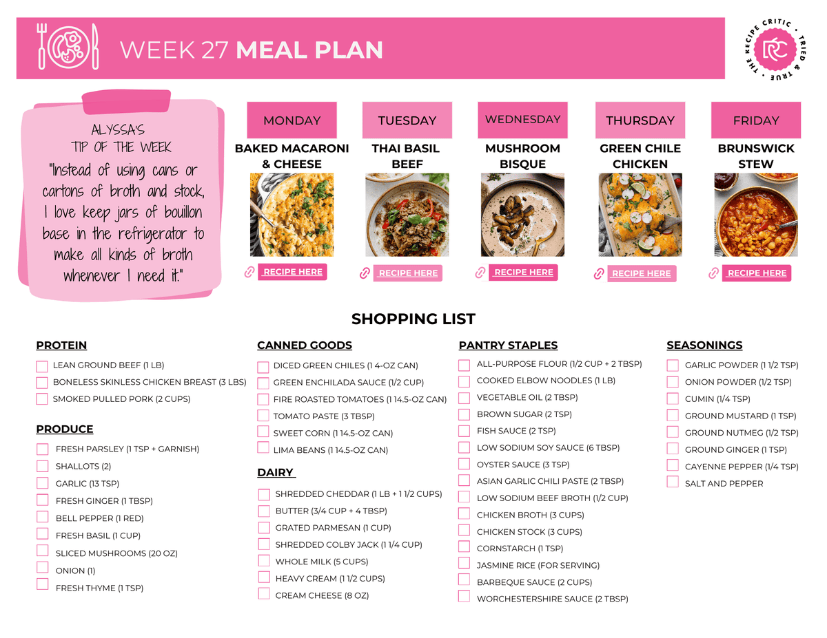 PDF with a shopping list and 5 recipes. 