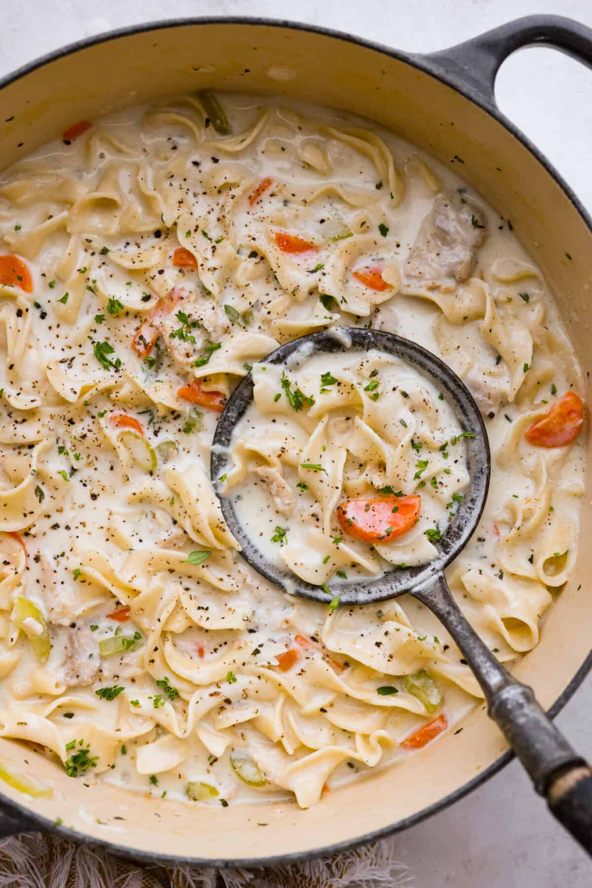 Overhead shot of a pot of creamy chicken noodle soup. 