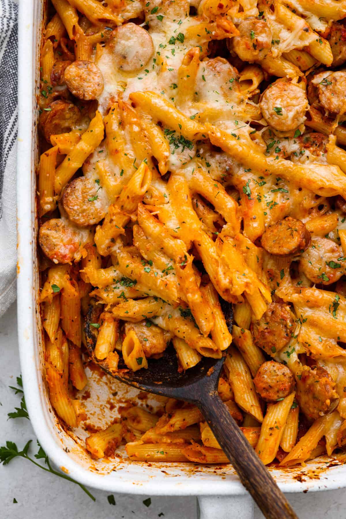 Overhead shot of Italian sausage casserole. 