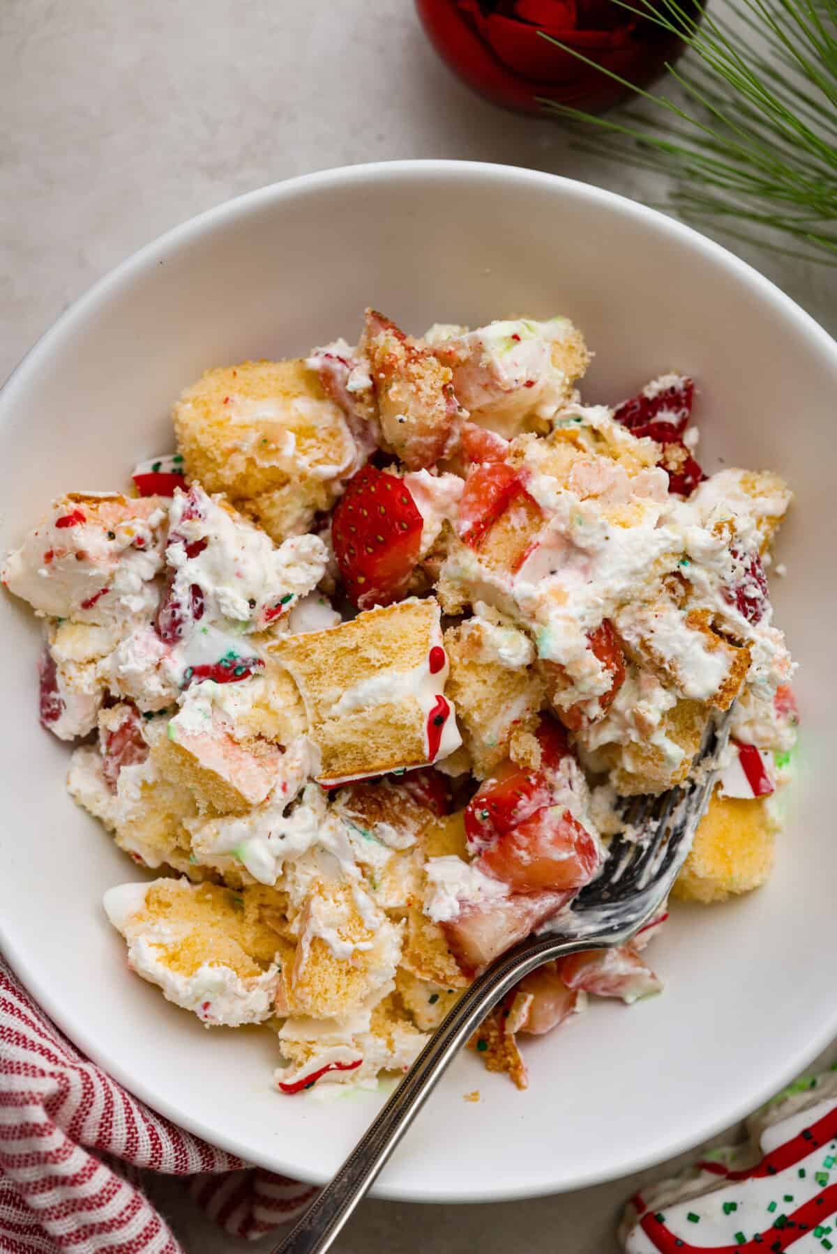 Overhead shot of a bowl of Little Debbie Christmas tree trifle. 