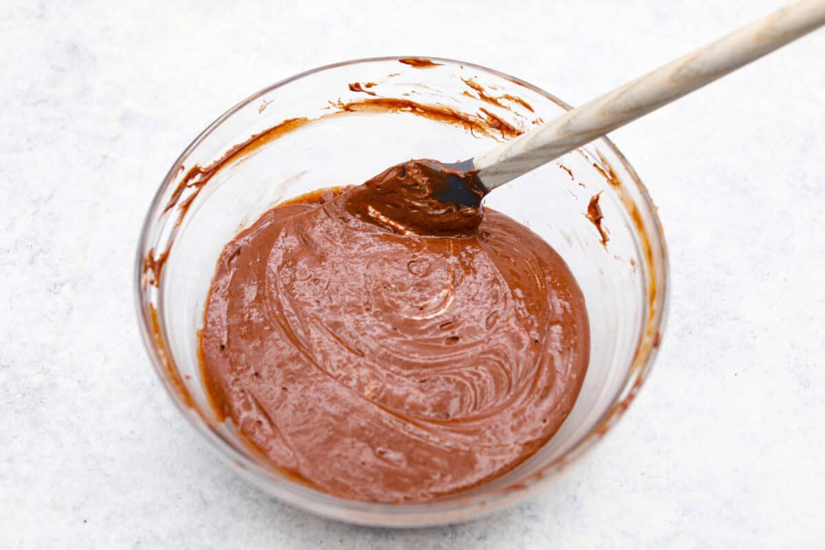 Overhead shot of the marshmallow and peanut butter chocolate mixture all mixed together. 