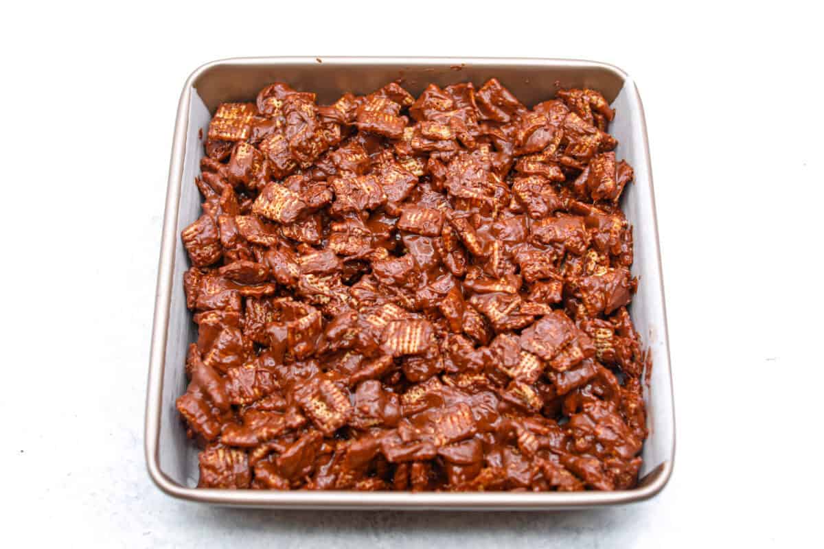 Overhead shot of muddy buddy bars in a 9x9 pan. 