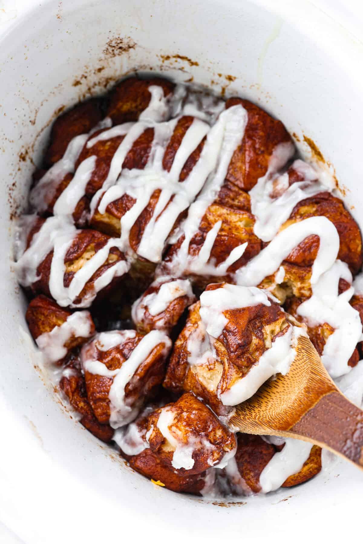 Overhead shot of crockpot monkey bread in the crock pot. 