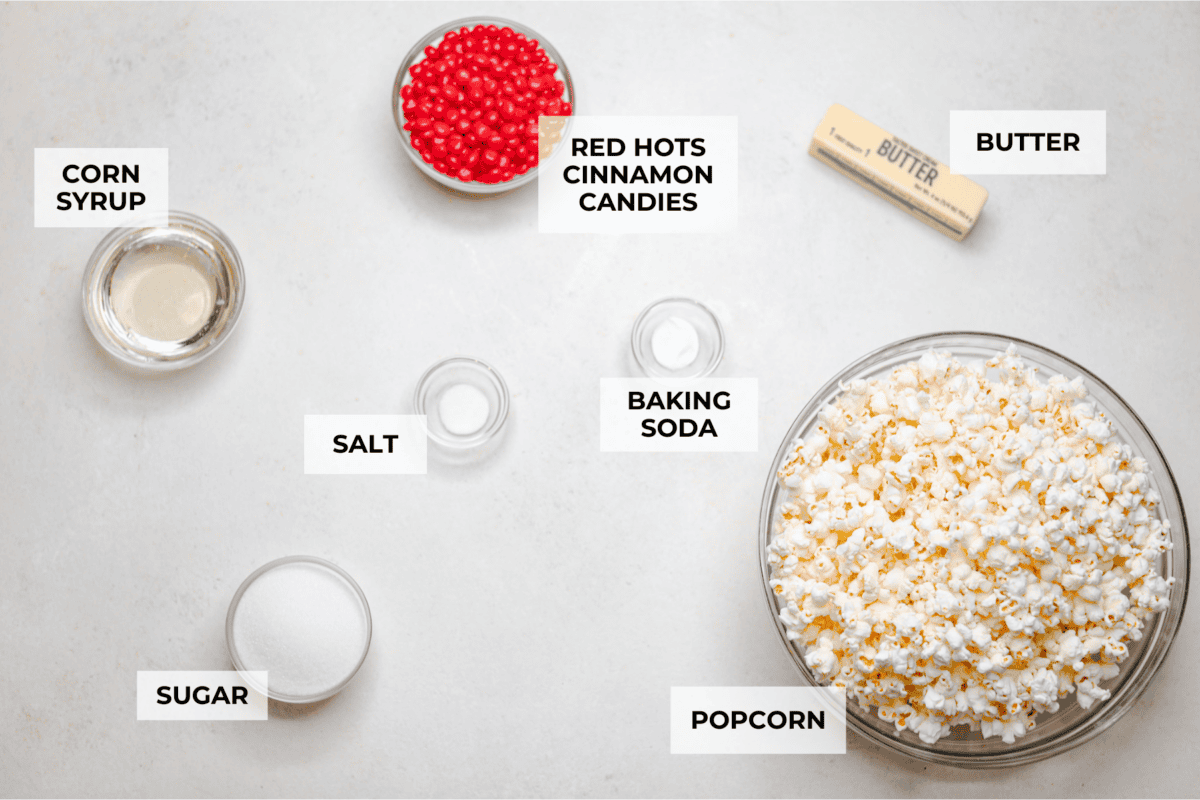 Overhead shot of labeled ingredients. 