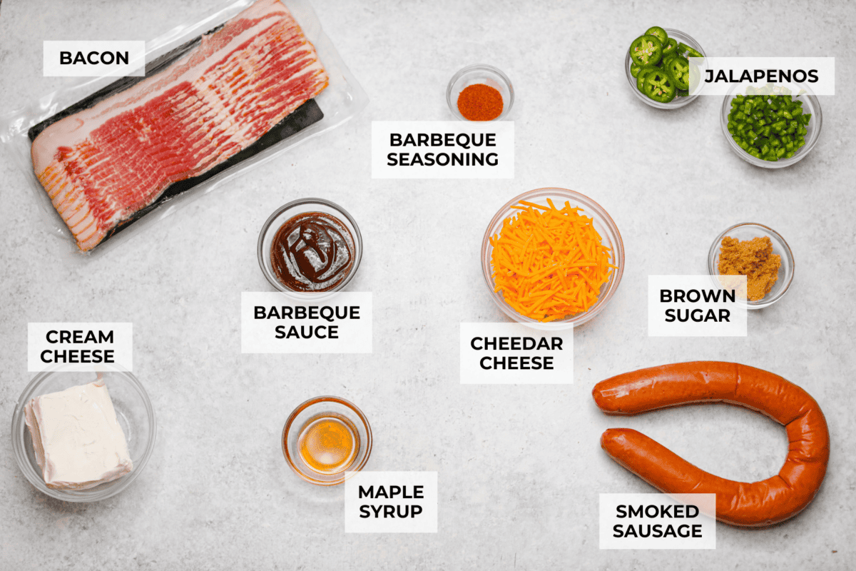 Overhead shot of labeled pig shot ingredients. 