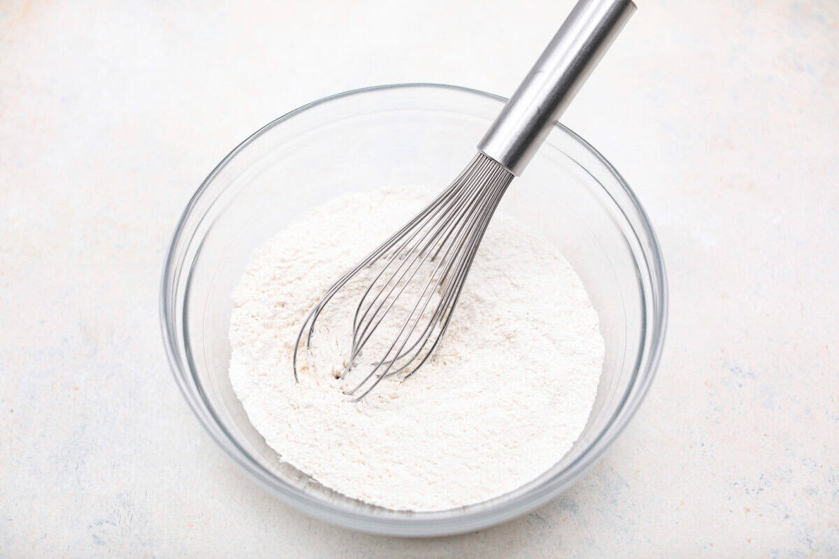 Overhead shot of the dry ingredients whisked together in a bowl. 