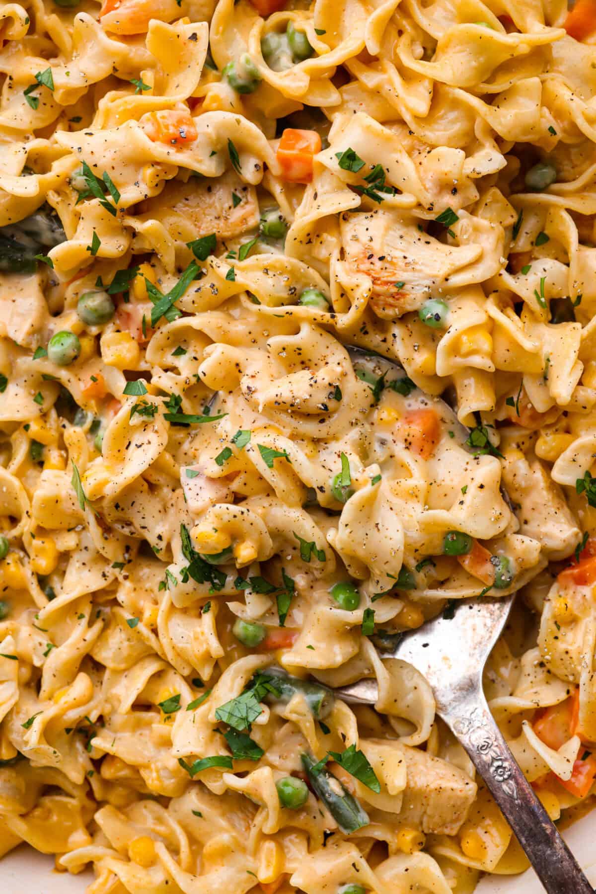 Close up shot of chicken pot pie pasta. 