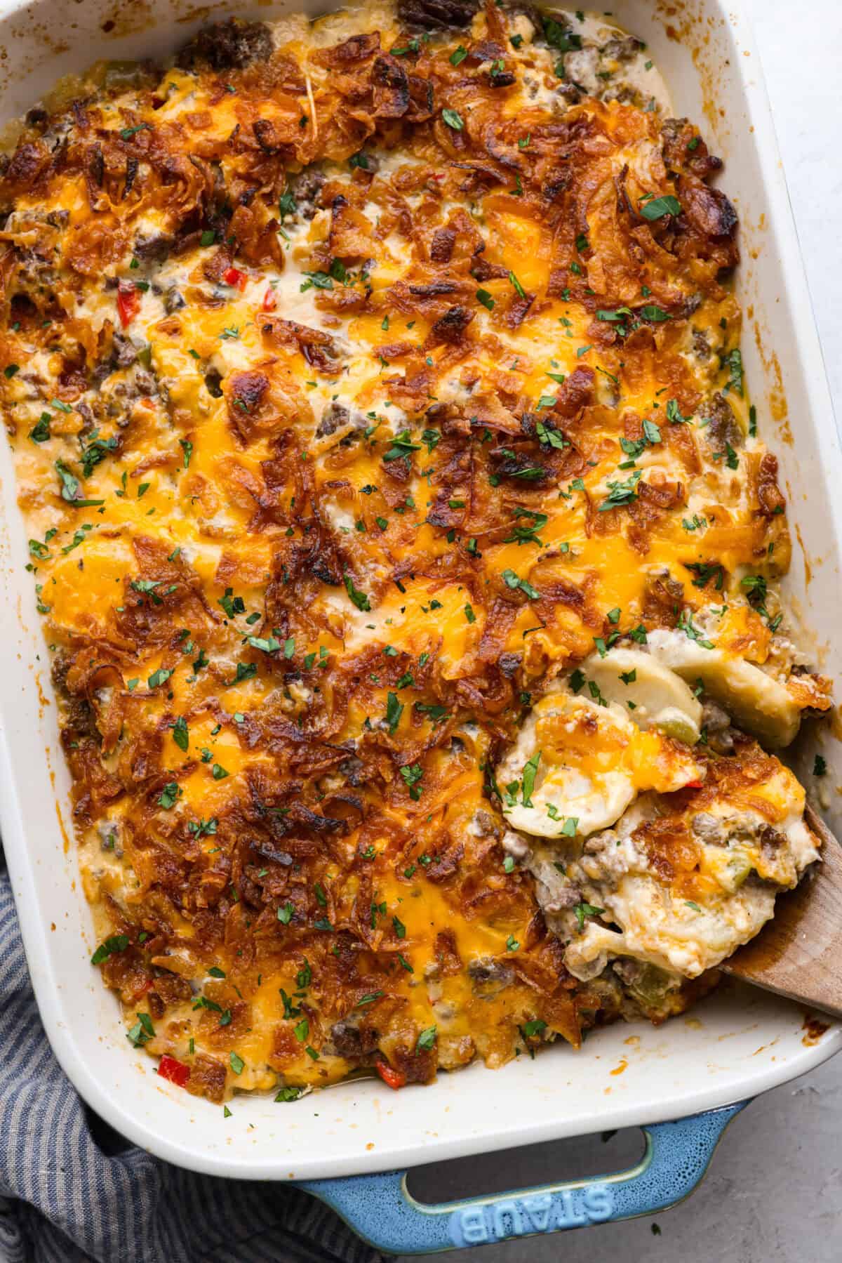 Overhead shot of hobo casserole in a baking dish.