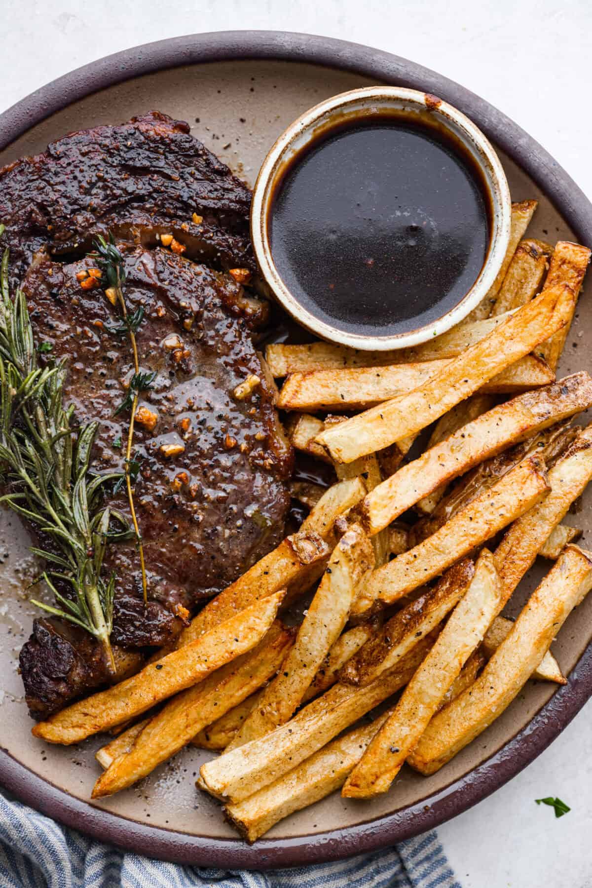 Overhead shot of plated steak frites. 