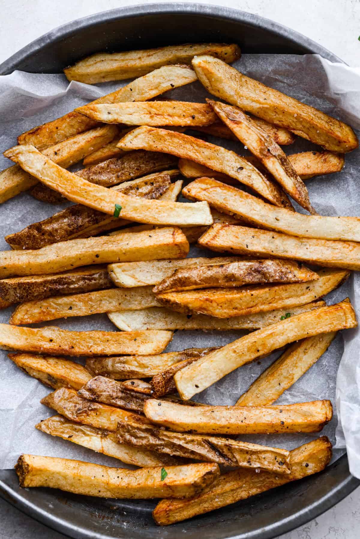 Overhead shot of the fries for steak frites. 