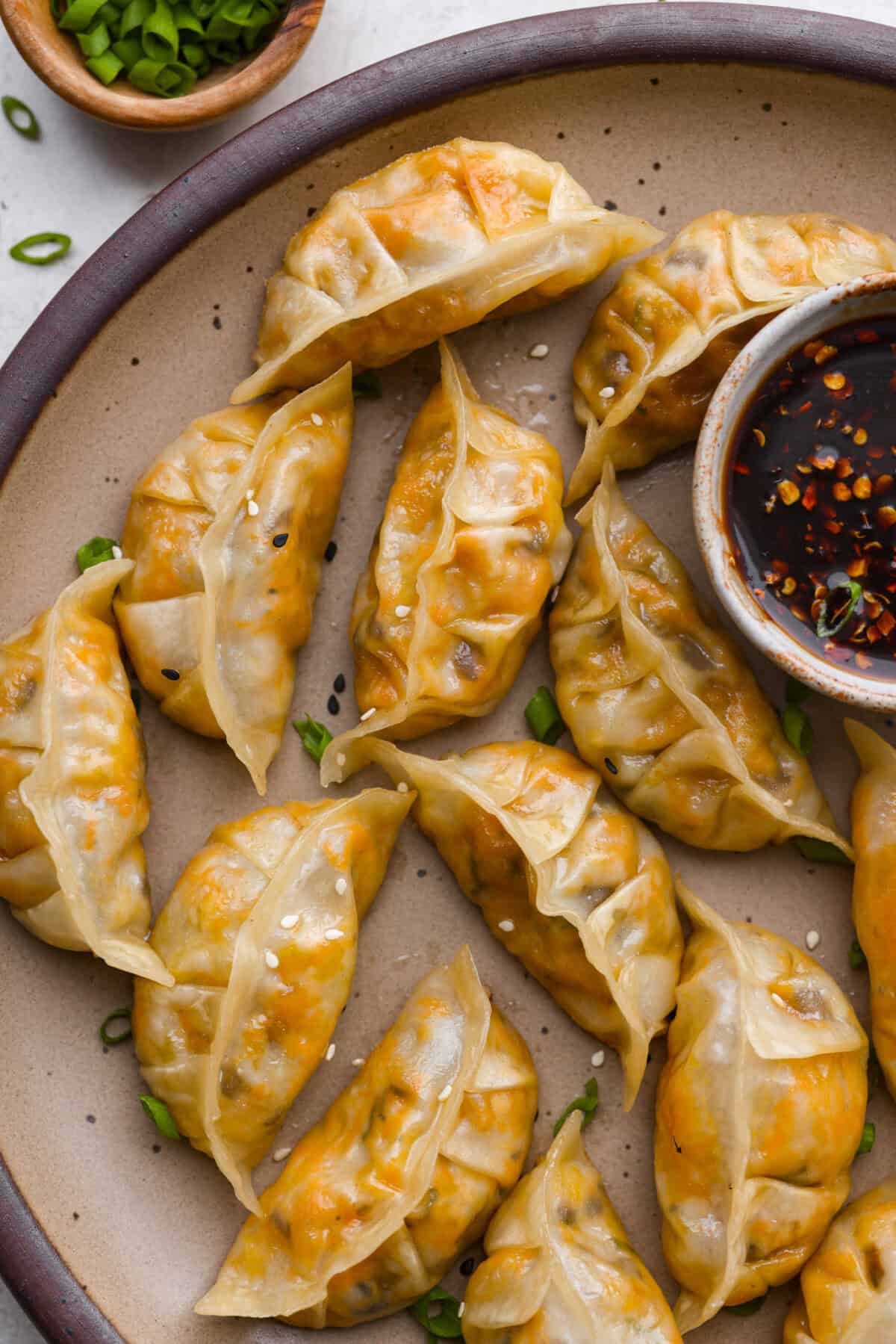 Overhead shot of the vegetable dumplings on a serving plate. 