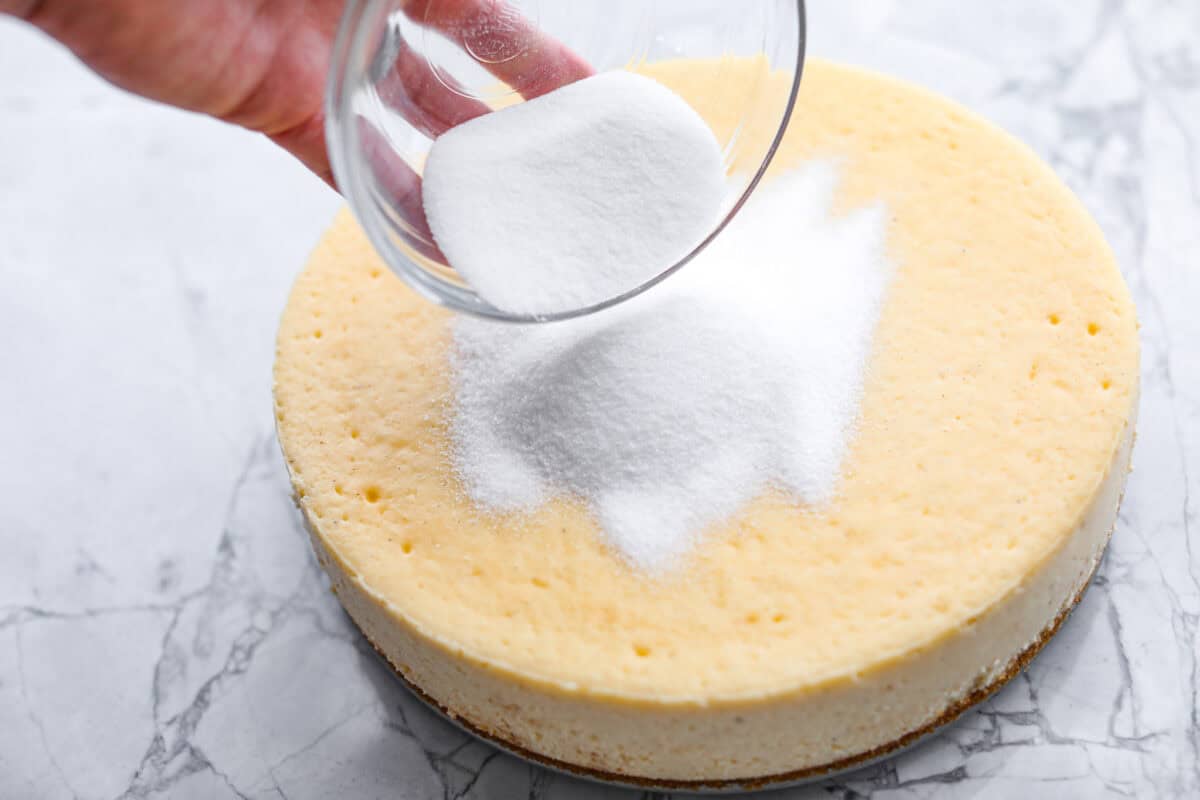 Angle shot of someone pouring sugar on top of the cooled cheesecake. 