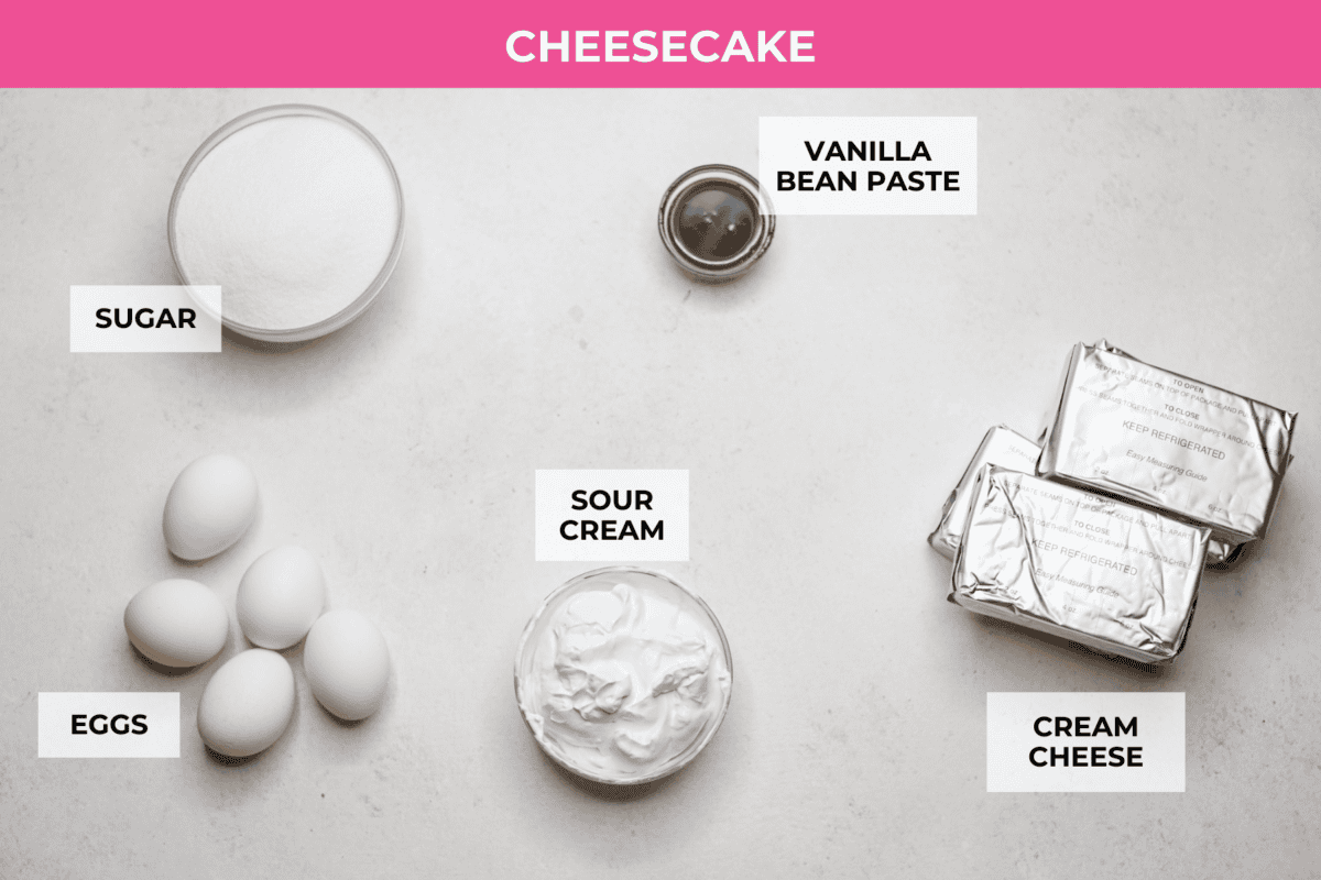 Overhead shot of labeled creme brûlée cheesecake ingredients.