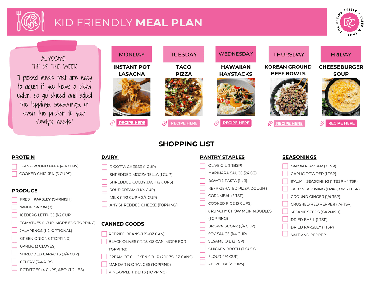 A pdf shopping list for a kid friendly meal plan. 